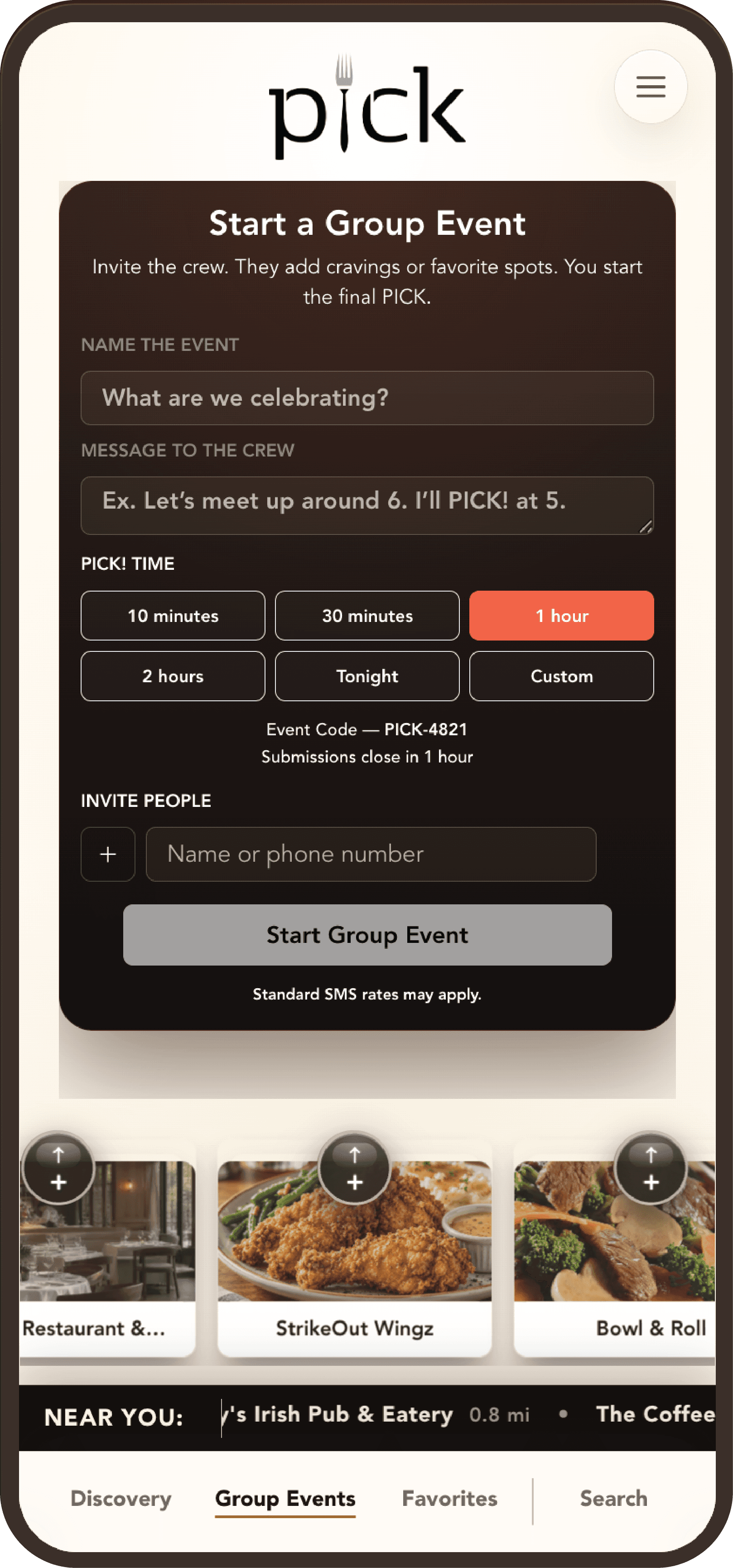 PICK! Group Events screen for naming a gathering and inviting people