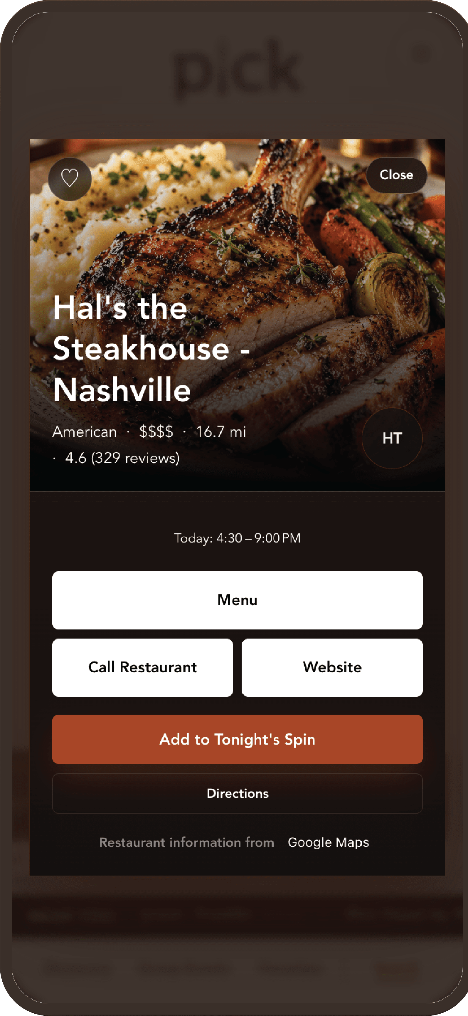 PICK! restaurant preview with food photography and Add to Tonight’s Spin