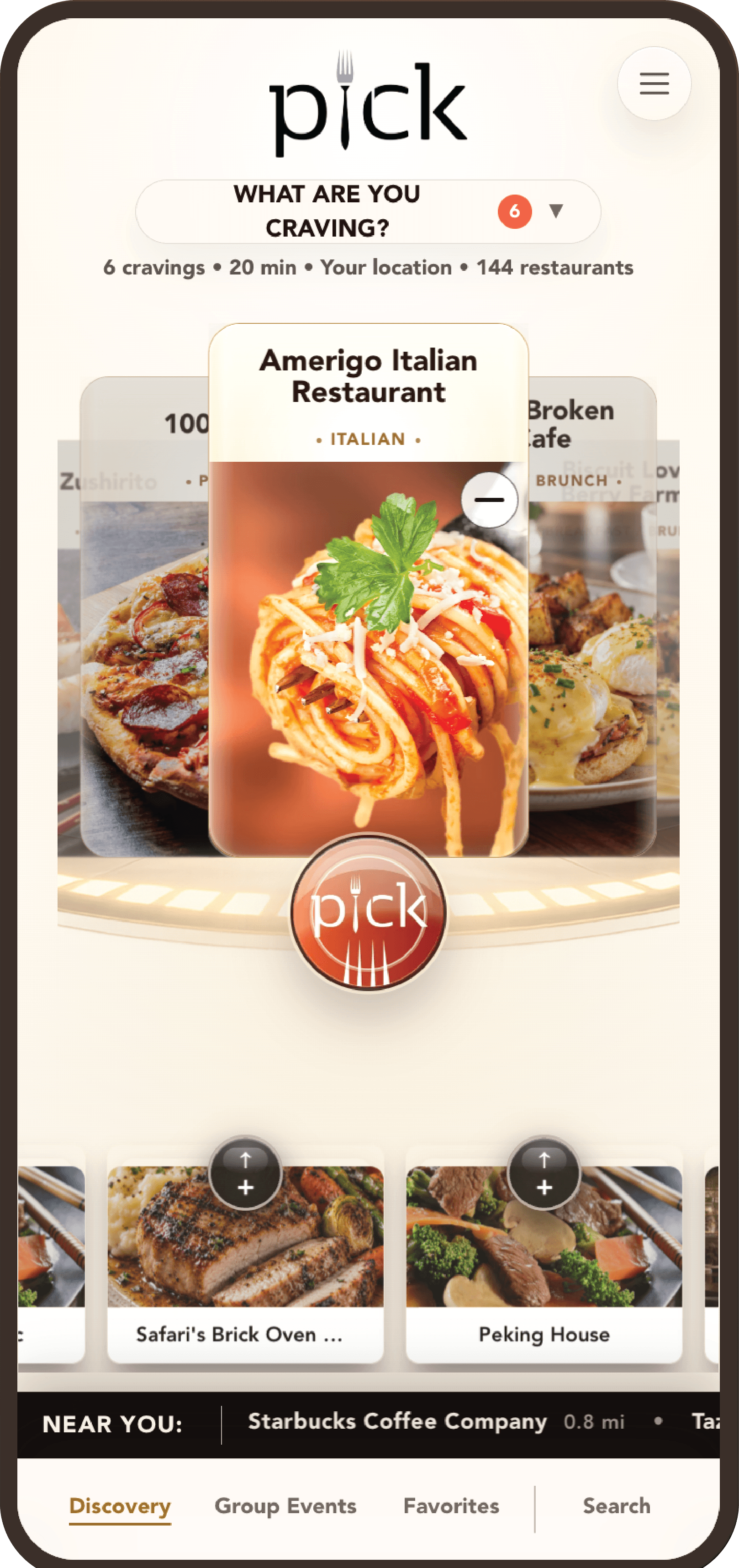 PICK! Discovery with the What are you craving selector and restaurant choices