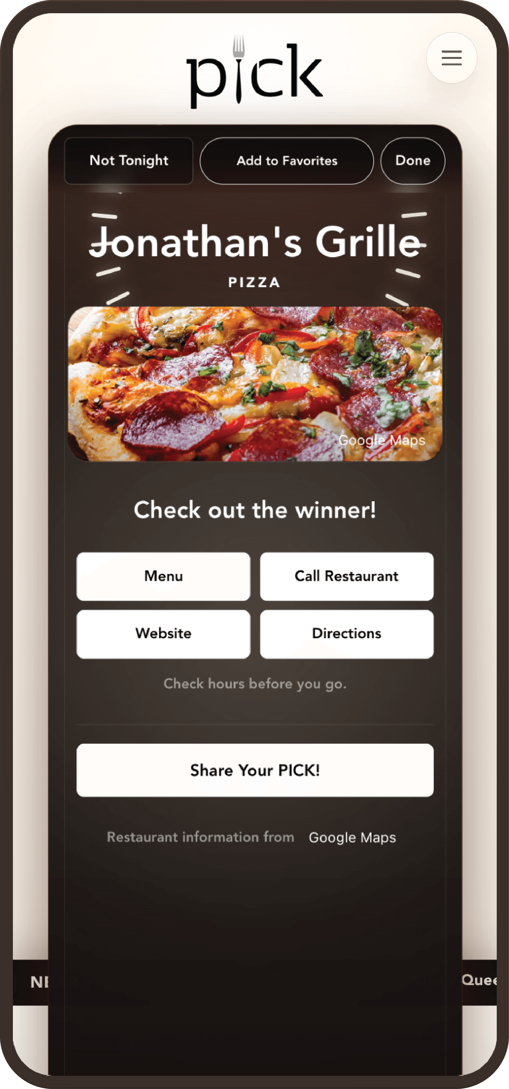 PICK! winner reveal for Jonathan’s Grille with menu, website, and directions