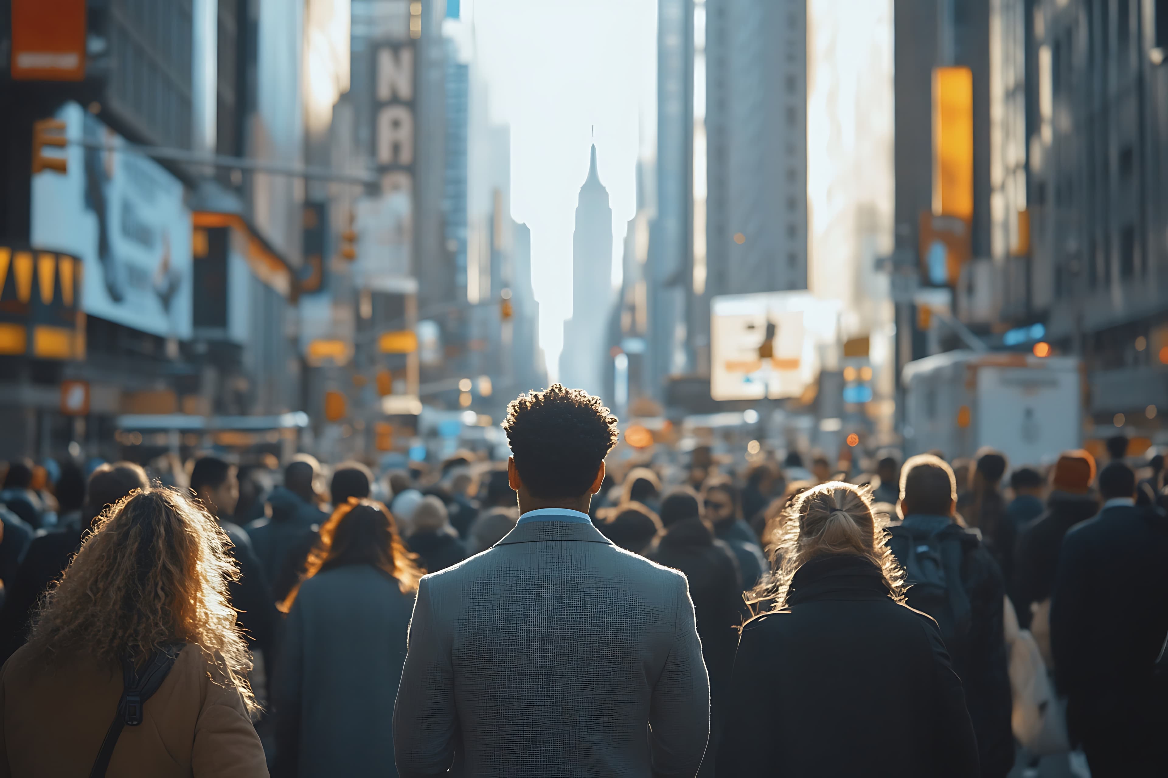 People exploring a sunlit city avenue